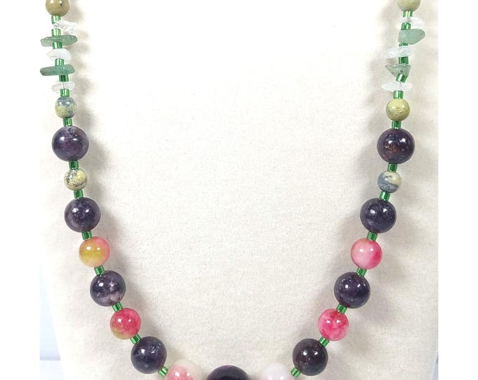 Featured listing image: Lepidolite, Watermelon Tourmaline, Green Agate, Aventurine, and Quartz Chips Beaded Necklace