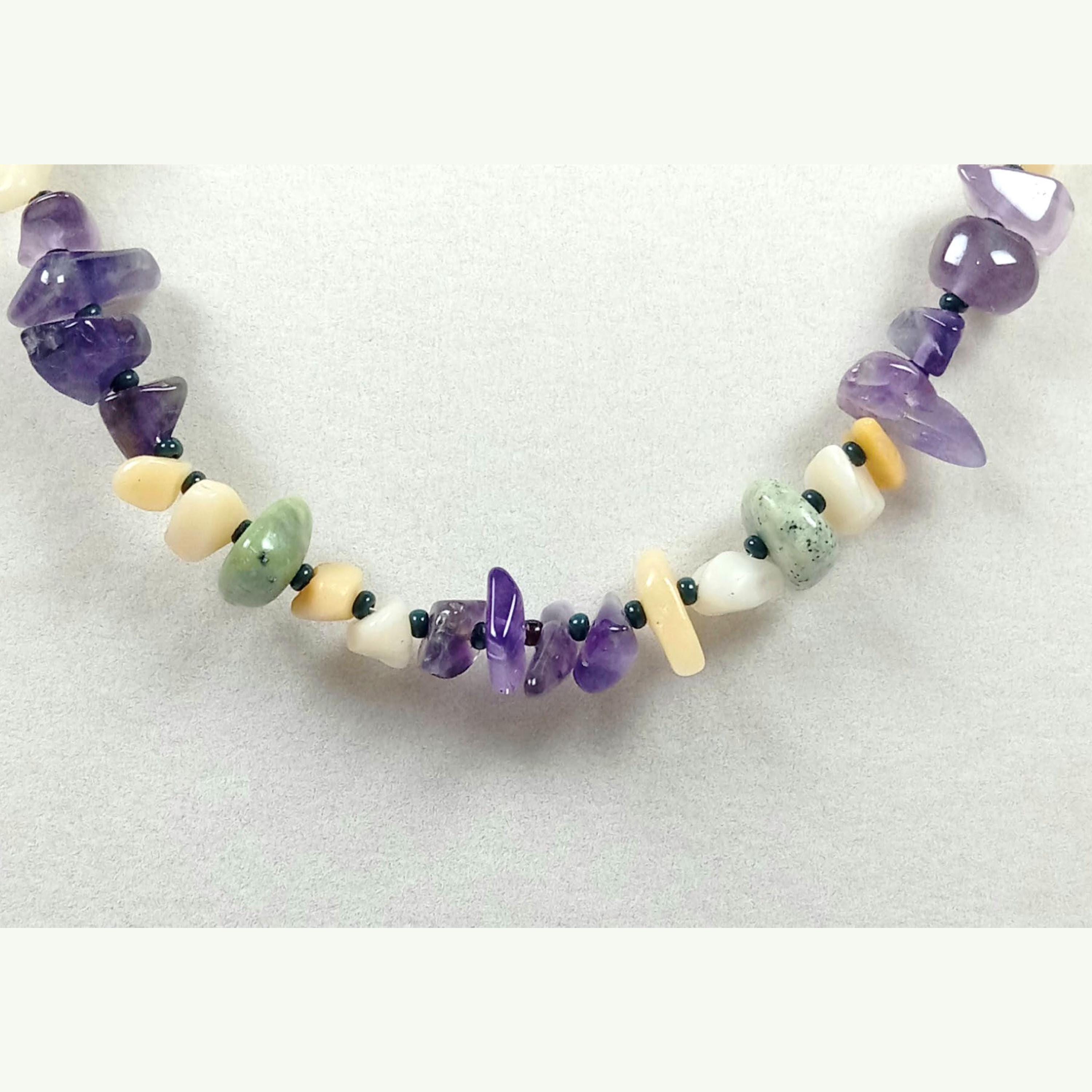 18" Multicolor Gemstone Beaded Necklace – 4mm Round Jade, Quartz, Amethyst