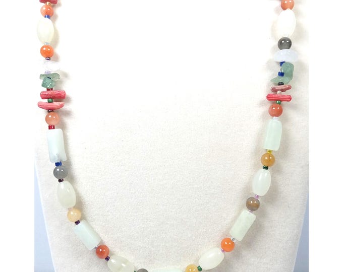 Featured listing image: White & Golden Silk Jades, Red Sea Coral, Aventurine and Quartz Chips Beaded Necklace