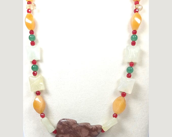 Featured listing image: Picture Jasper Leaf, White & Green Jades, Calcite, Mozambique Garnet, and Citrine Chips Beaded Necklace