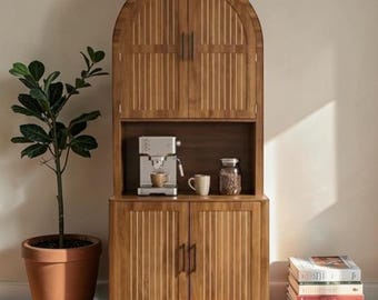 Arched Walnut Pantry Cabinet with Fluted Doors, Microwave Shelf, Adjustable Storage Cupboard