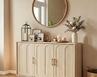 Modern Farmhouse Storage Cabinet Rustic Wood Sideboard Buffet Fluted Credenza Gold Handles
