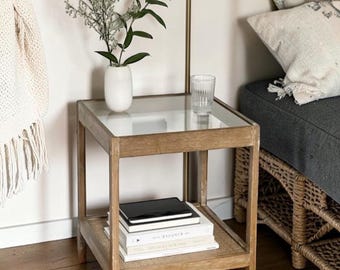 Solid Wood Nightstand, Glass Top, Rattan Shelf