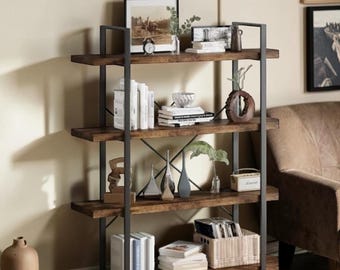Handmade Industrial 4-Tier Bookshelf, Rustic Wood & Metal Frame