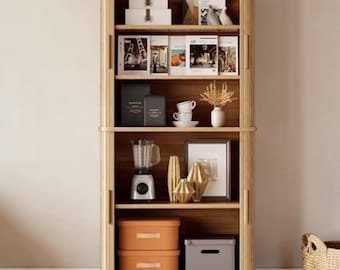 Tall Kitchen Pantry Cabinet Sliding Door Curved Edge Storage Organizer Modern Furniture