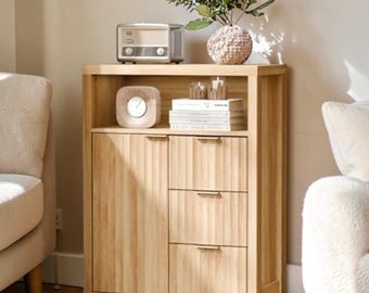 Modern Bathroom Storage Cabinet Fluted Door Drawer Organizer Walnut Small Space Furniture