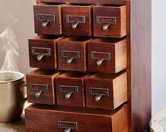 Solid Wood Apothecary Cabinet Vintage Card Catalog Curio Organizer Storage Dresser Shelf