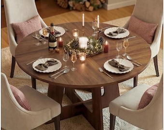 Round Dining Table with Storage Shelf, Modern Farmhouse Kitchen Furniture for Dining Room