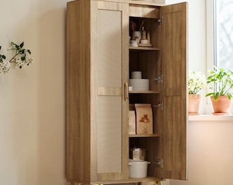 Rustic Rattan Bathroom Storage Cabinet with Adjustable Shelves and Freestanding Pantry