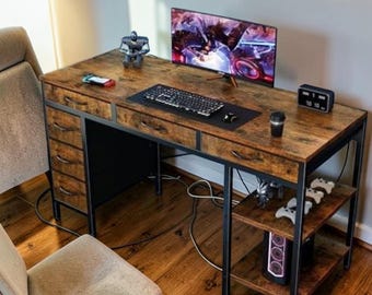Handmade 55 Inch Computer Desk with Storage Shelves and Drawers
