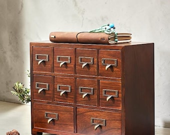 Solid Wood Apothecary Cabinet Vintage Card Catalog Tea Coffee Organizer Storage Shelf