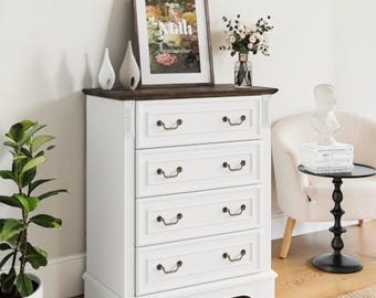 Farmhouse Bedroom Dresser Storage Cabinet with Carved Wood Accents