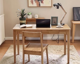 Handmade Solid Wood Writing Desk with Drawers, 47 Inch Home Office Desk