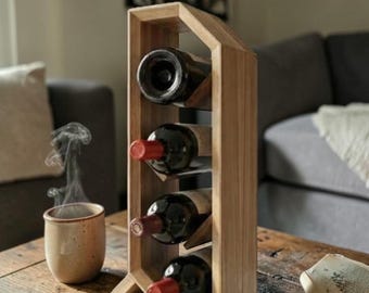 Handmade Acacia Wood Wine Rack, 4 Bottle Freestanding Countertop Storage