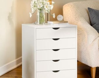 Handmade White Wooden 5-Drawer Rolling Cabinet, Mobile Storage