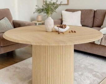 Farmhouse Round Dining Table with Fluted Pedestal, Natural Wood Kitchen Furniture