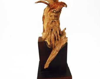 Overview Original Rick Cain Wood Old Man and Hawk Sculpture 2014