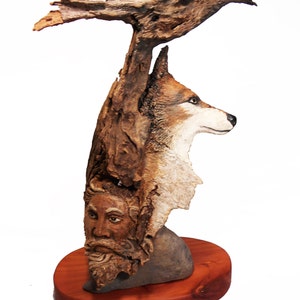 Totem Wood Original Rick Cain Wolf Old Man Raven Fantasy Wood Carving Sculpture image 1