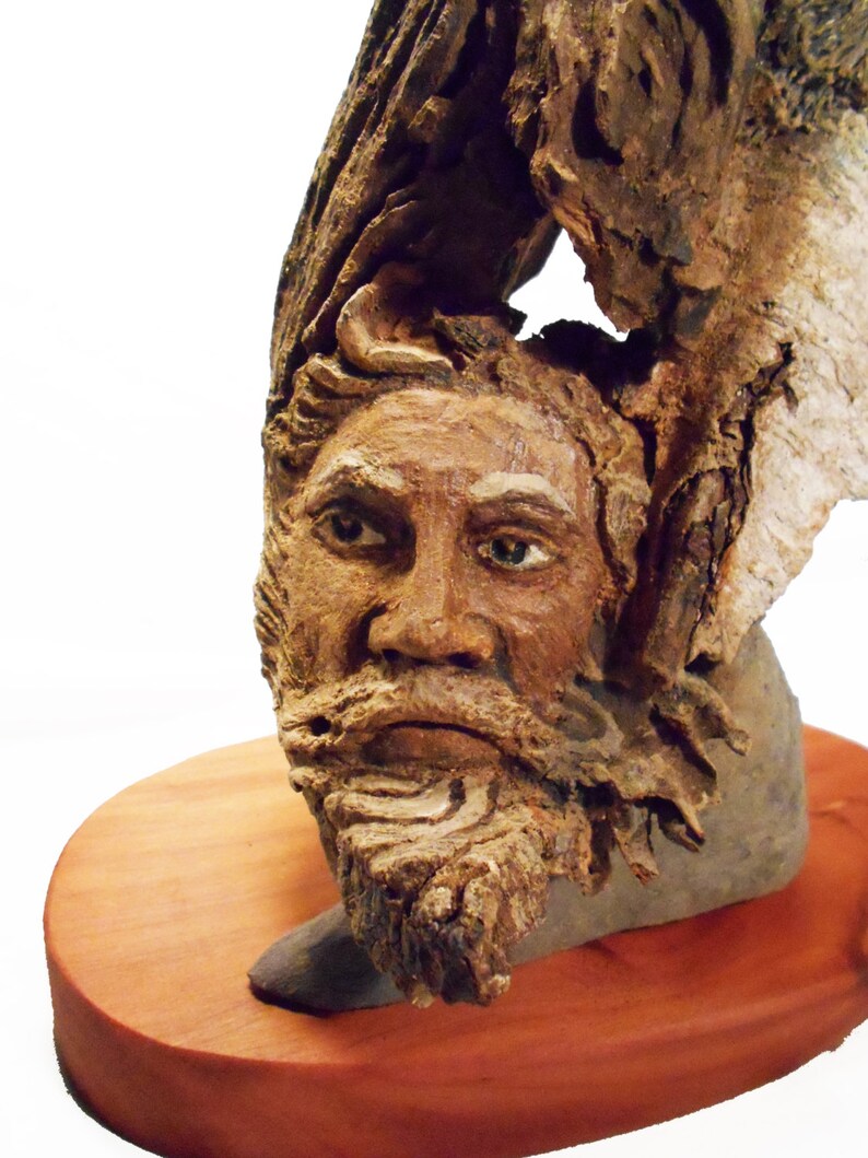 Totem Wood Original Rick Cain Wolf Old Man Raven Fantasy Wood Carving Sculpture image 3