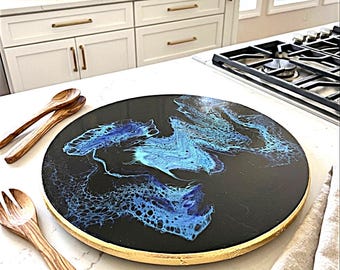 Lazy Susan: Black Blue Swipe Resin Art (One of a Kind)13.5 Inch