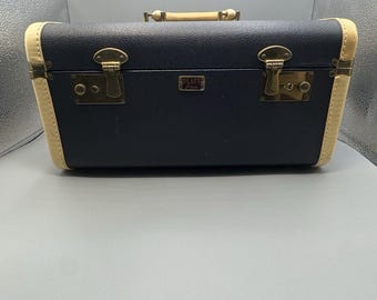 Vintage Platt Train Case Navy Cream Leather Trim Red Interior Vanity Case w Key