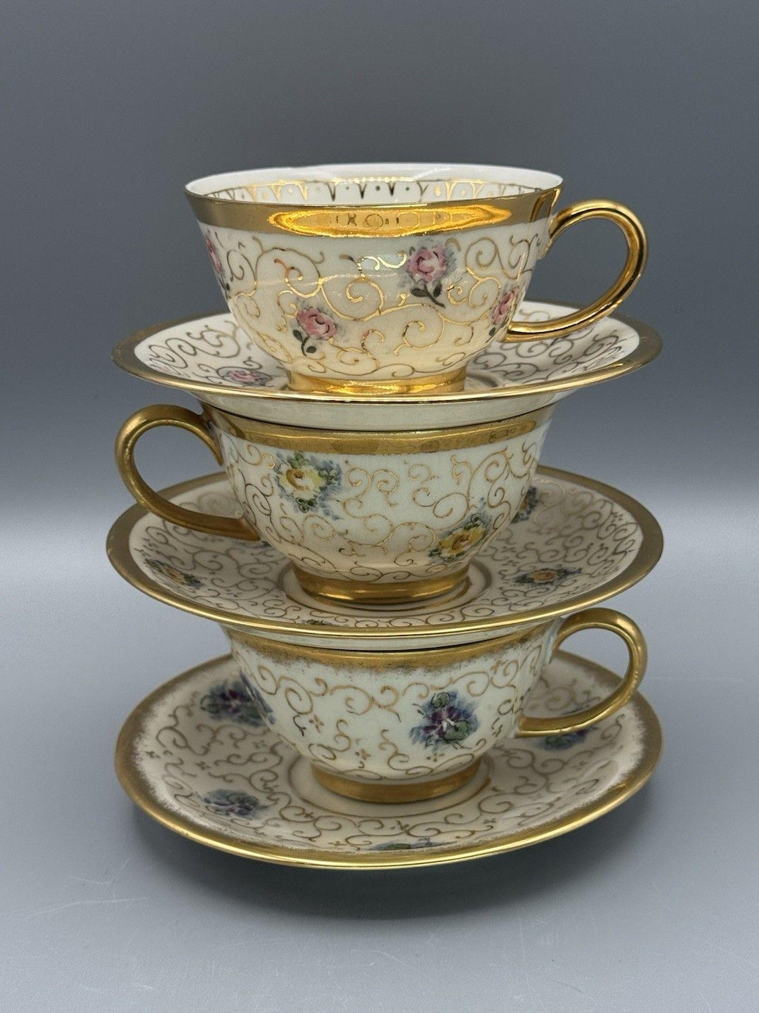 Vintage Hertel Jacob Bavaria Porcelain Teacup & Saucer Set of 3 Gold ...