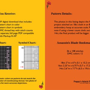 May include: Digital PDF cross-stitch pattern details. Includes colour and symbol charts, DMC thread key, and size details. The Assassin's Blade Bookmark pattern is 5.1 cm x 15.2 cm on 18ct cloth. The image has yellow and orange backgrounds.