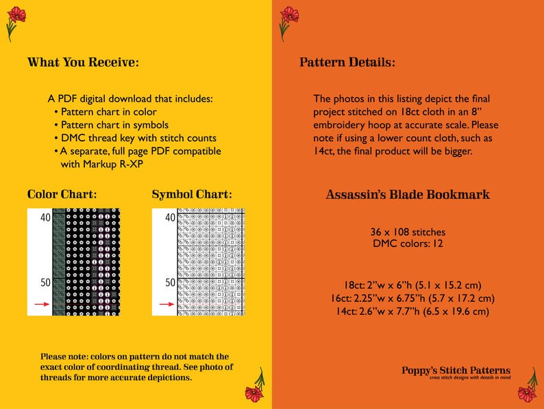 May include: Digital PDF cross-stitch pattern details. Includes colour and symbol charts, DMC thread key, and size details. The Assassin's Blade Bookmark pattern is 5.1 cm x 15.2 cm on 18ct cloth. The image has yellow and orange backgrounds.