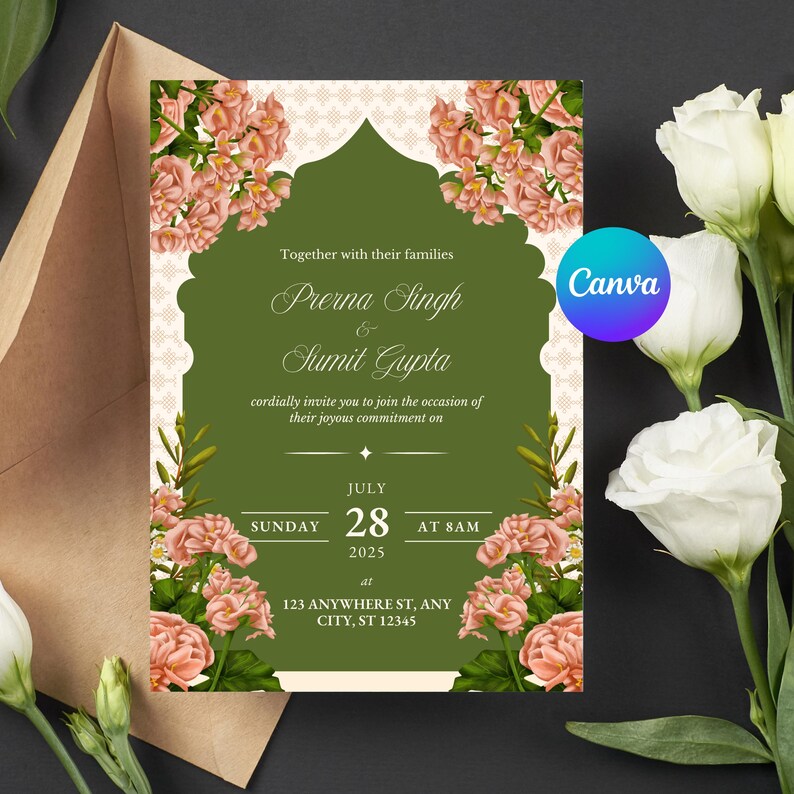 May include: A wedding invitation with a green background and floral accents. The invitation features the names Prerna Singh and Sumit Gupta, along with the date July 28, 2025, at 8 AM. The design includes pink flowers and decorative elements.