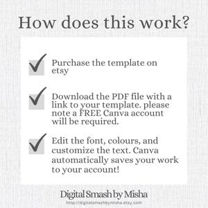 May include: A graphic with the text "How does this work?" and instructions: purchase on Etsy, download the PDF, and edit in Canva. The image includes a website address and the name "Digital Smash by Misha".