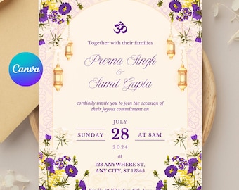 May include: A wedding invitation with a floral design in purple and yellow. The invitation includes the names "Prerna Singh & Sumit Gupta", date, time, and RSVP information. The Canva logo is in the corner.