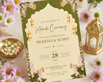 May include: A rectangular invitation card for a Mehndi Ceremony featuring a cream center with dark green borders, floral illustrations, and hanging lantern graphics. The text includes the names PRERNA & SUMIT, the date July 28, 2025, and address details.