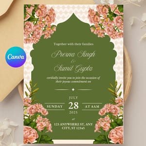 May include: Wedding invitation with a green background and floral accents. The invitation includes the names Prerna Singh and Sumit Gupta, along with the date, time, and location: July 28, 2025, at 8 AM, 123 Anywhere St, Any City, ST 12345.