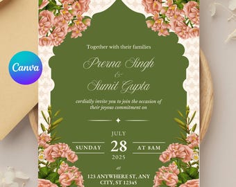 Floral Nikkah Invitation Template: Pink & Green Walima Invite (Canva, Digital Download)