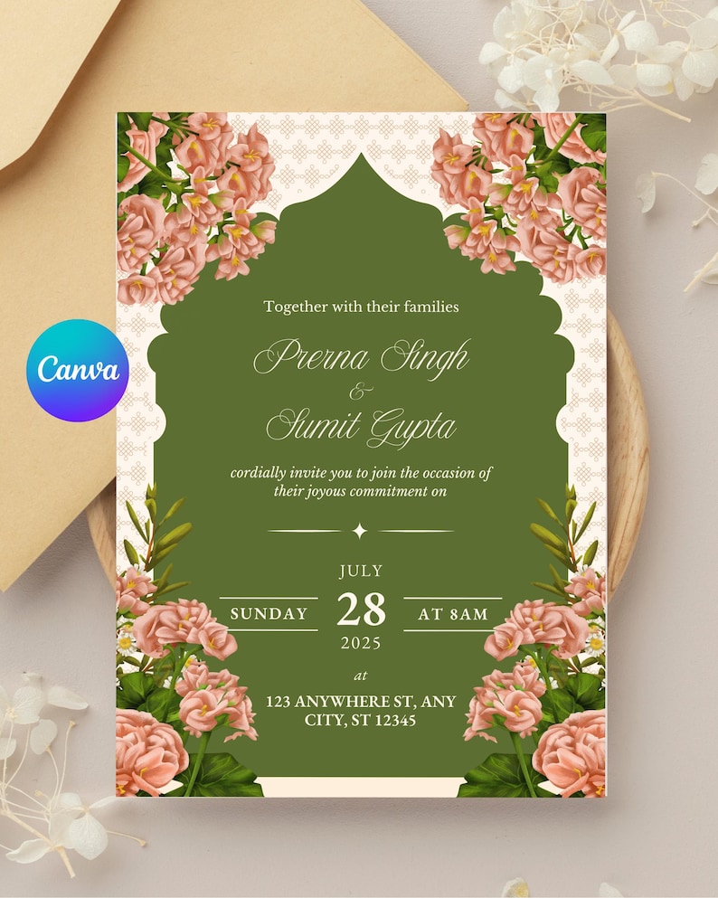 May include: Wedding invitation with a green background and floral accents. The invitation includes the names Prerna Singh and Sumit Gupta, along with the date, time, and location: July 28, 2025, at 8 AM, 123 Anywhere St, Any City, ST 12345.