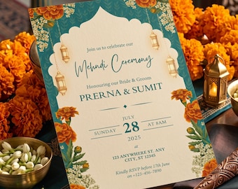 May include: A rectangular invitation card for a Mehndi Ceremony featuring a cream-colored center with teal borders, orange marigold illustrations, and hanging lantern graphics. The text reads: Join us to celebrate our Mehndi Ceremony, PRERNA & SUMIT, Sunday July 28 2025 at 8AM, 123 ANYWHERE ST. ANY CITY, ST 12345, RSVP before 17th June on +123-456-7890.