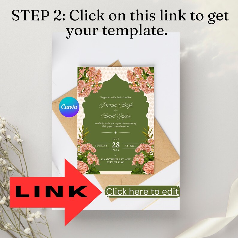 May include: A wedding invitation template with a green and floral design. The invitation includes the names Prerna Singh and Sumit Gupta, along with the date and time of the event. The text "Click here to edit" is visible.