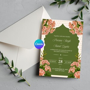 May include: A wedding invitation with a green and floral design. The invitation features the names Prerna Singh and Sumit Gupta, along with the date July 28, 2025, at 8 AM. The invitation is surrounded by pink flowers and is accompanied by a white envelope.