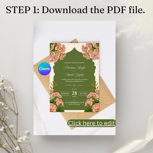 May include: Wedding invitation with a green and floral design. The invitation features the names Prerna Singh & Sumit Gupta, the date July 28, 2025, and the time 8 AM. The text "Click here to edit" is visible.