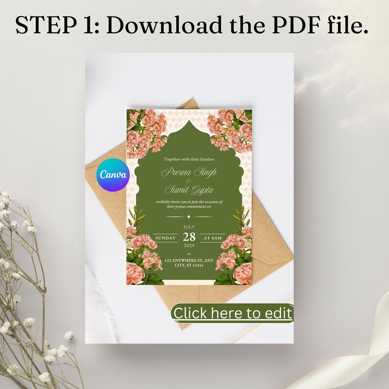 May include: Wedding invitation with a green and floral design. The invitation features the names Prerna Singh & Sumit Gupta, the date July 28, 2025, and the time 8 AM. The text "Click here to edit" is visible.