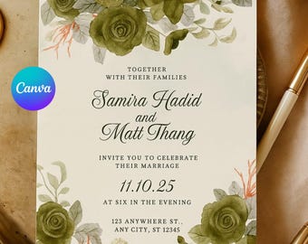 May include: Wedding invitation with floral design. The invitation features the names "Samira Hadid and Matt Thang" and event details. The design includes olive green roses and foliage, with the Canva logo in the corner.