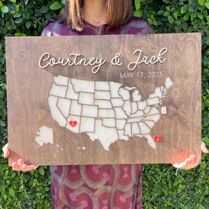 Libro de visitas personalizado con mapa de EE. UU.: letrero de boda de madera 3D, decoración de inspiración viajera, recuerdo rústico para pareja, idea alternativa para un libro de visitas