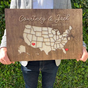 Hochzeitsgästebuch - USA Map Hochzeitsgästebuch - personalisiertes 3D Holzschild, Reise-Gästebuch, rustikale Hochzeitsdeko, individuelles Andenken für Paare