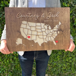 Personalisierte USA Karte Gästebuch - 3D Hochzeitsschild aus Holz, Reise-Dekor, rustikales Hochzeitsandenken, Geschenk für abenteuerlustige Paare