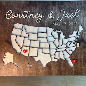 Personalisierte USA Karte Hochzeit Gästebuch Alternative - 3D Holzschild für Hochzeit unter dem Thema Reise, rustikale Dekoration & individuelles Gästebuch Andenken