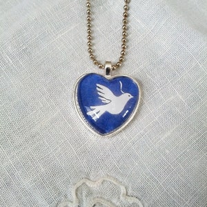 Dove of Peace Glass Heart Pendant. Lovingly handmade in Brooklyn by Wishing Well Studio. image 2