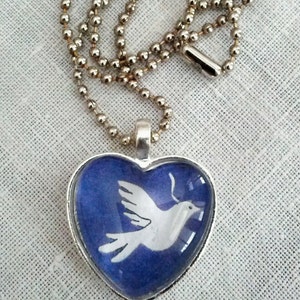 Dove of Peace Glass Heart Pendant. Lovingly handmade in Brooklyn by Wishing Well Studio. image 3