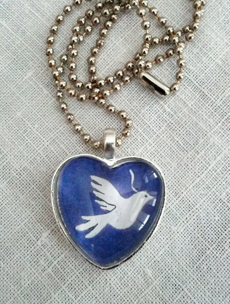 Dove of Peace Glass Heart Pendant. Lovingly handmade in Brooklyn by Wishing Well Studio. image 3