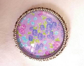 Lavender Floral Glass Dome Brooch in a Decorative Silver tone Bezel