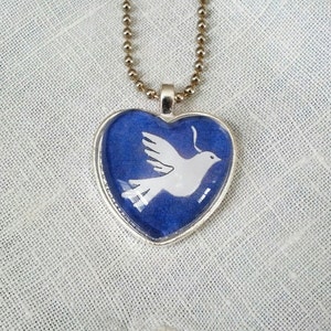 Dove of Peace Glass Heart Pendant. Lovingly handmade in Brooklyn by Wishing Well Studio. image 1